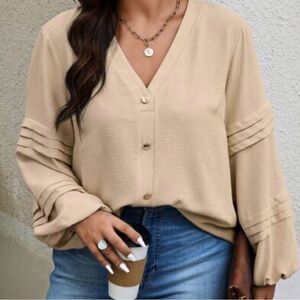Beige V-neck blouse pleated puff  long sleeves  and a front button closure 2XL
